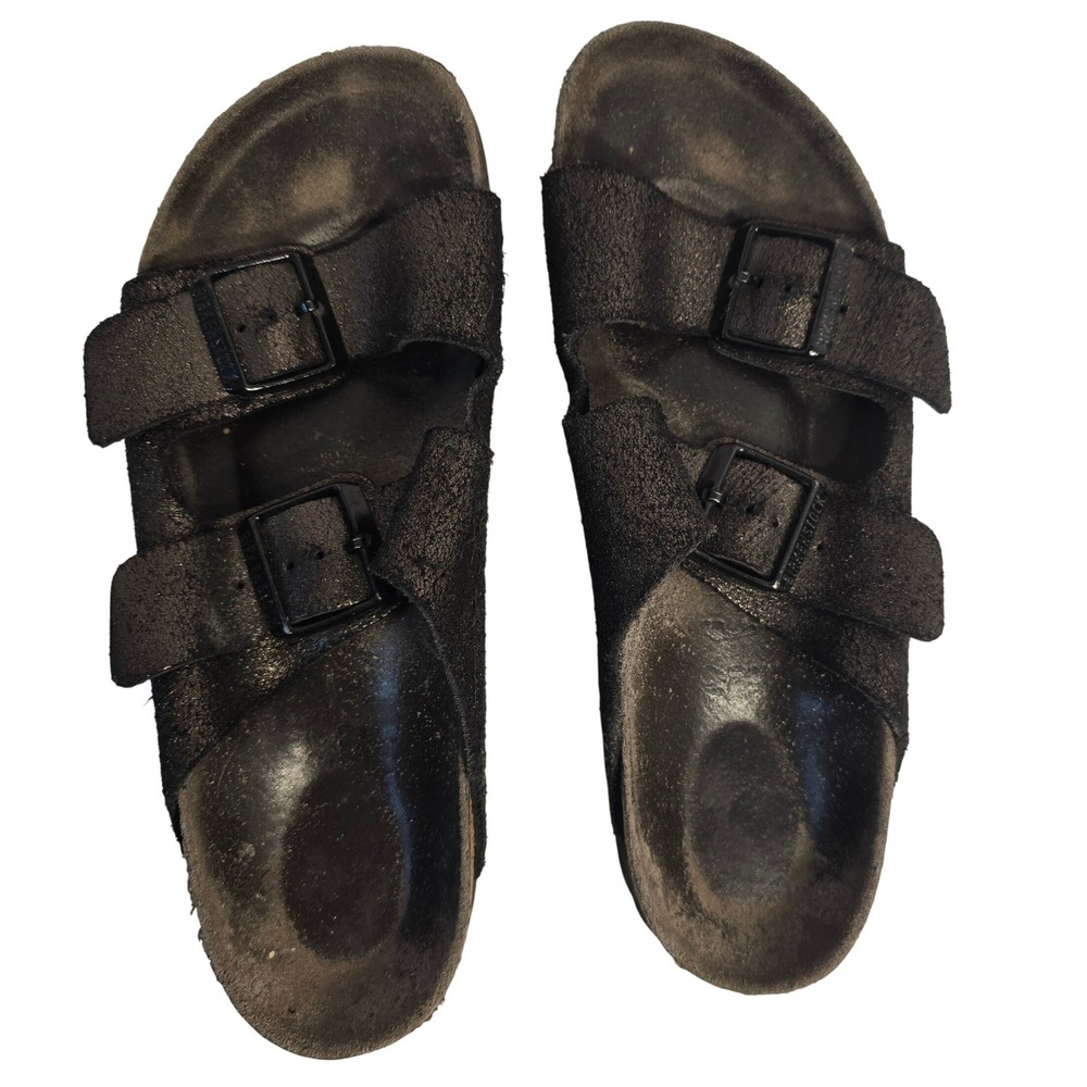 Birkenstock  39 Arizona Metallic Black Bronze Textured Leather Two Strap Sandals